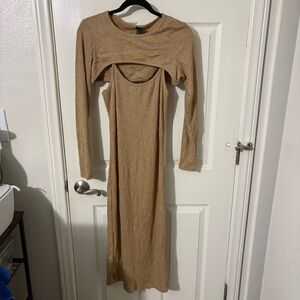 Wild Fable Midi Dress Ribbed Knit Stretch Layered Crop Top Long Sleeve Brown L
